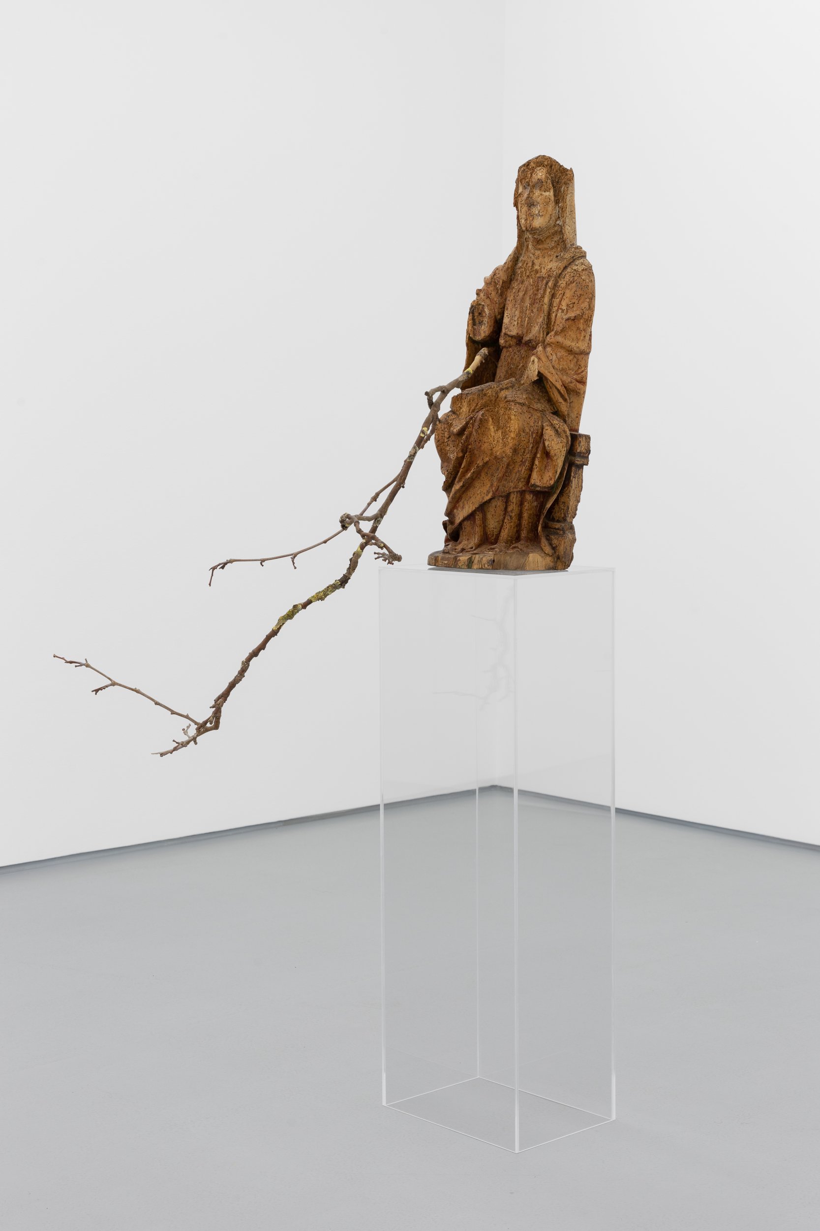 André Romão, Grafting (dead wood), 2021. Sculptural fragment (wood, probably Flanders circa 1600), tree branch, plexiglas. 172 × 65 × 75 cm. Unique
