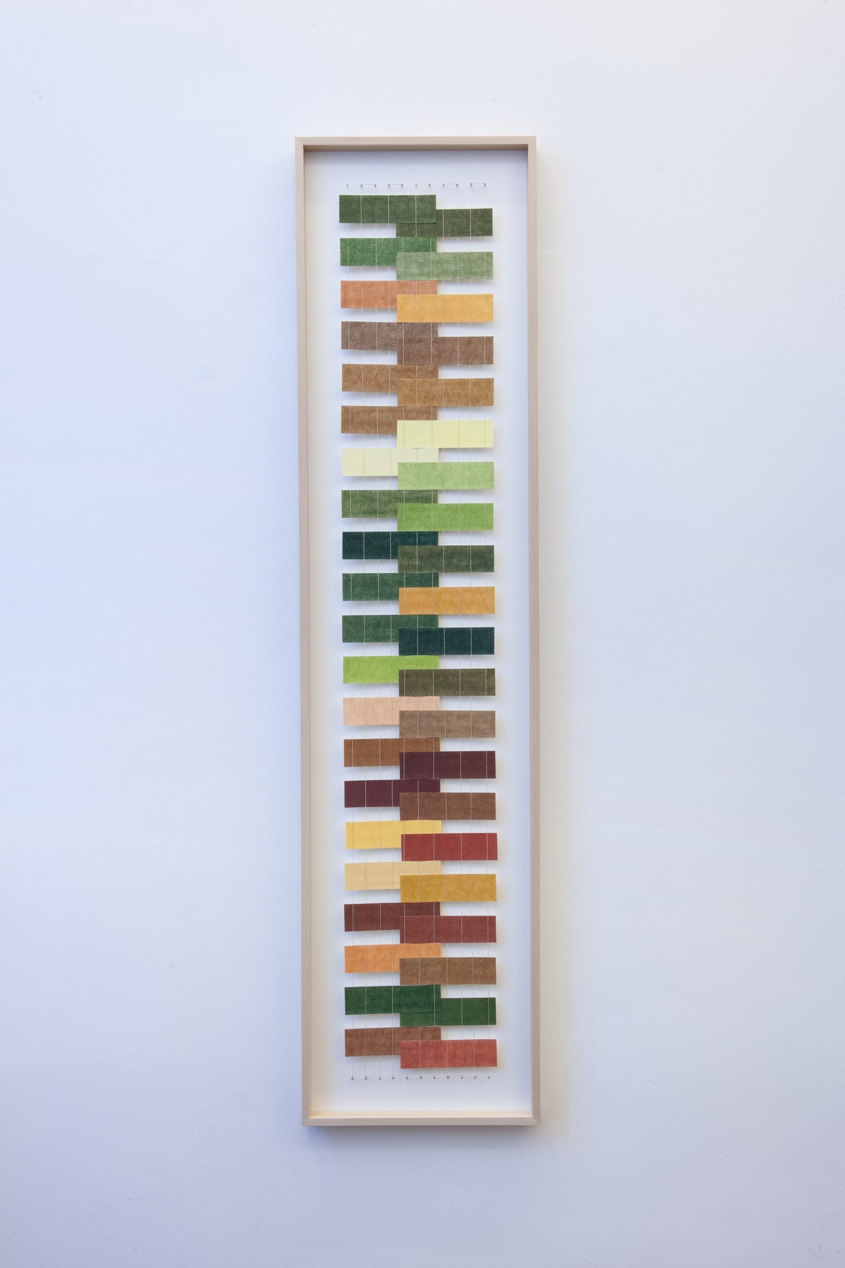 Gabriela Albergaria, Nuancier de forêt de Soignes, 2022. Colour pencil on paper ( Heritage Woodfree Bookwhite 315gsm), brass nails, mercerized cotton. 129 x 22 cm.
