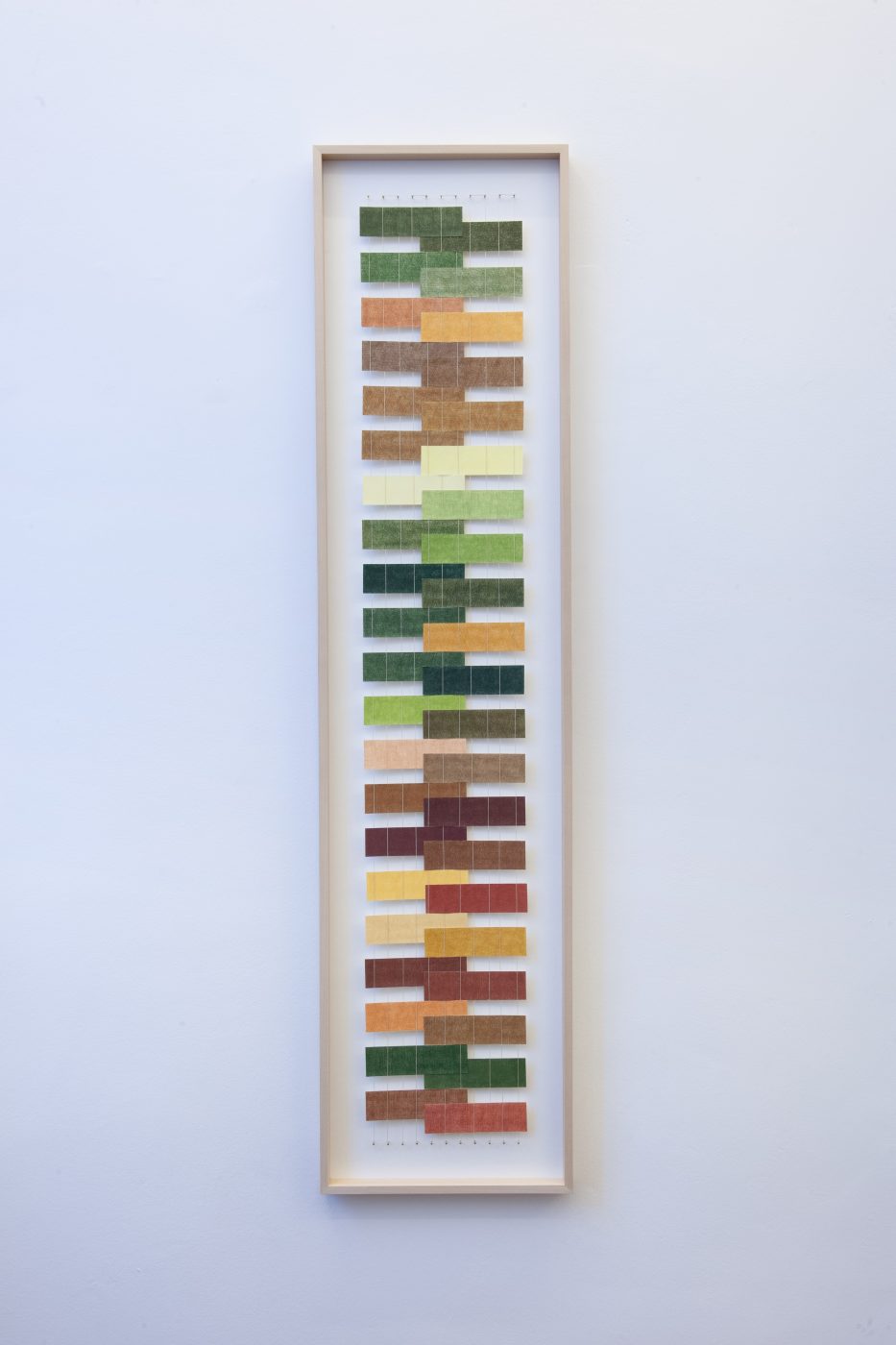 Gabriela Albergaria, Nuancier de forêt de Soignes, 2022. Colour pencil on paper ( Heritage Woodfree Bookwhite 315gsm), brass nails, mercerized cotton. 129 x 22 cm.
