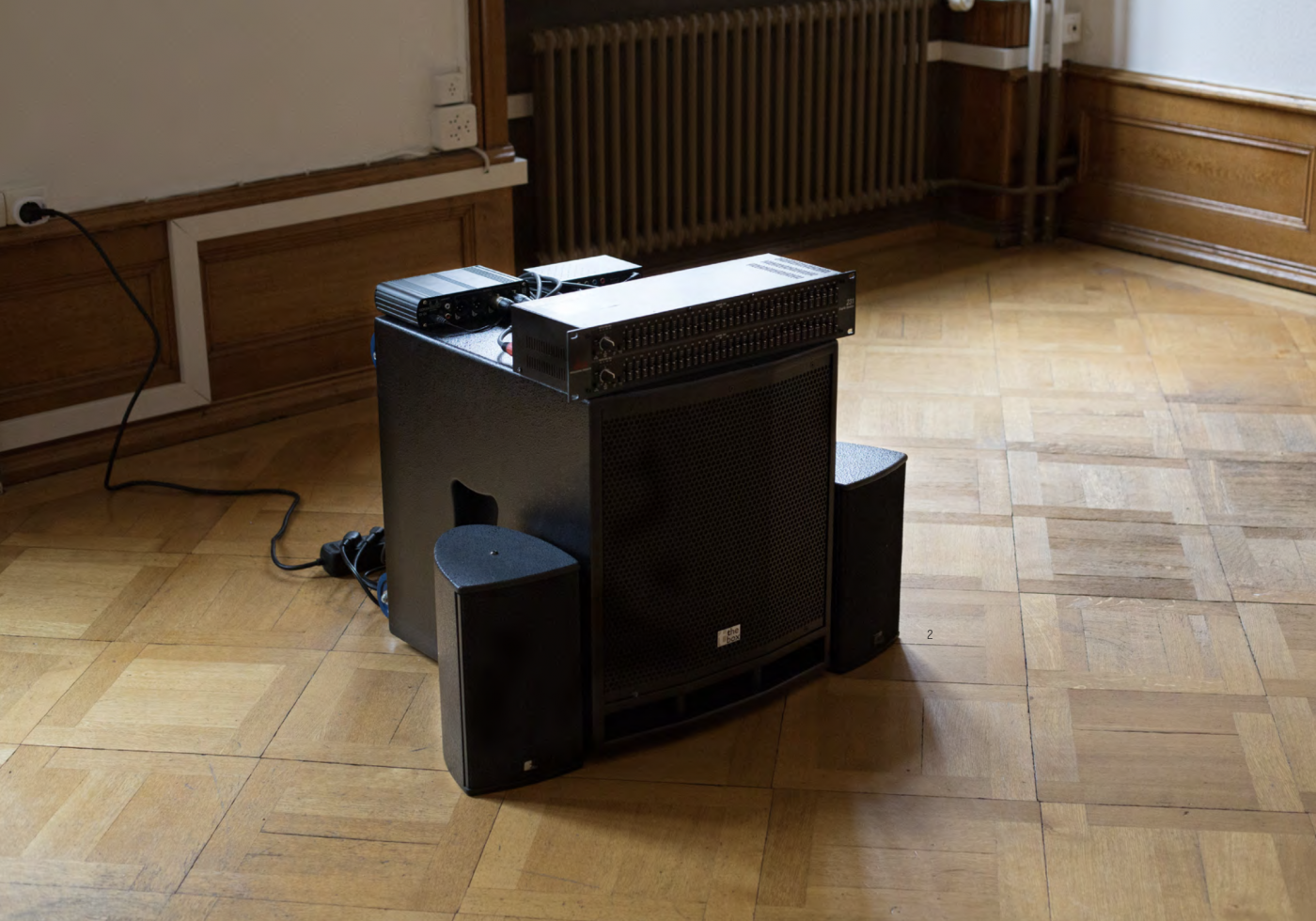 Daniel Gustav Cramer, Coasts, 2016 (detail). Six sound systems inside a floor of a house. Installation view Art Basel Parcours, Switzerland
