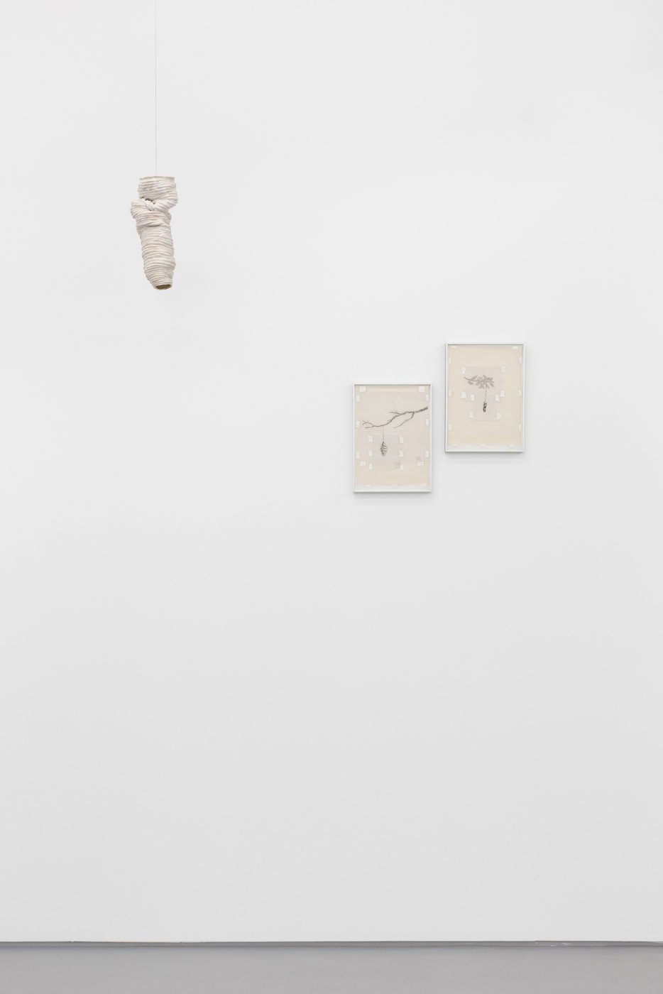 Carlos Bunga, Casulo #5; Casulo IV, Casulo V, 2021. Stoneware; pencil on tracing paper and paper, tape. 25,2 x 12 cm; 2: 31 x 32 cm
