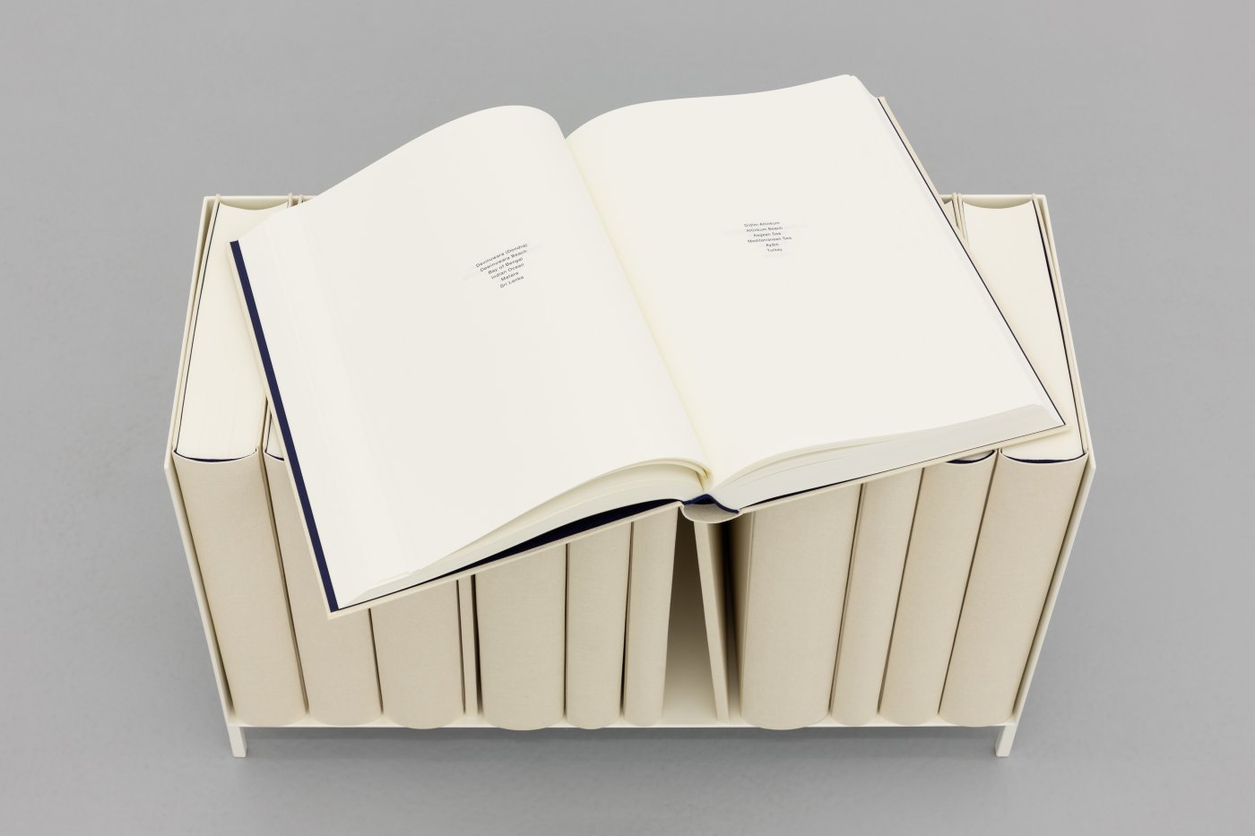 Daniel Gustav Cramer, Sand, 2021 (detail). Shelf, table, 14 books. 103 × 91 × 32.5 cm
