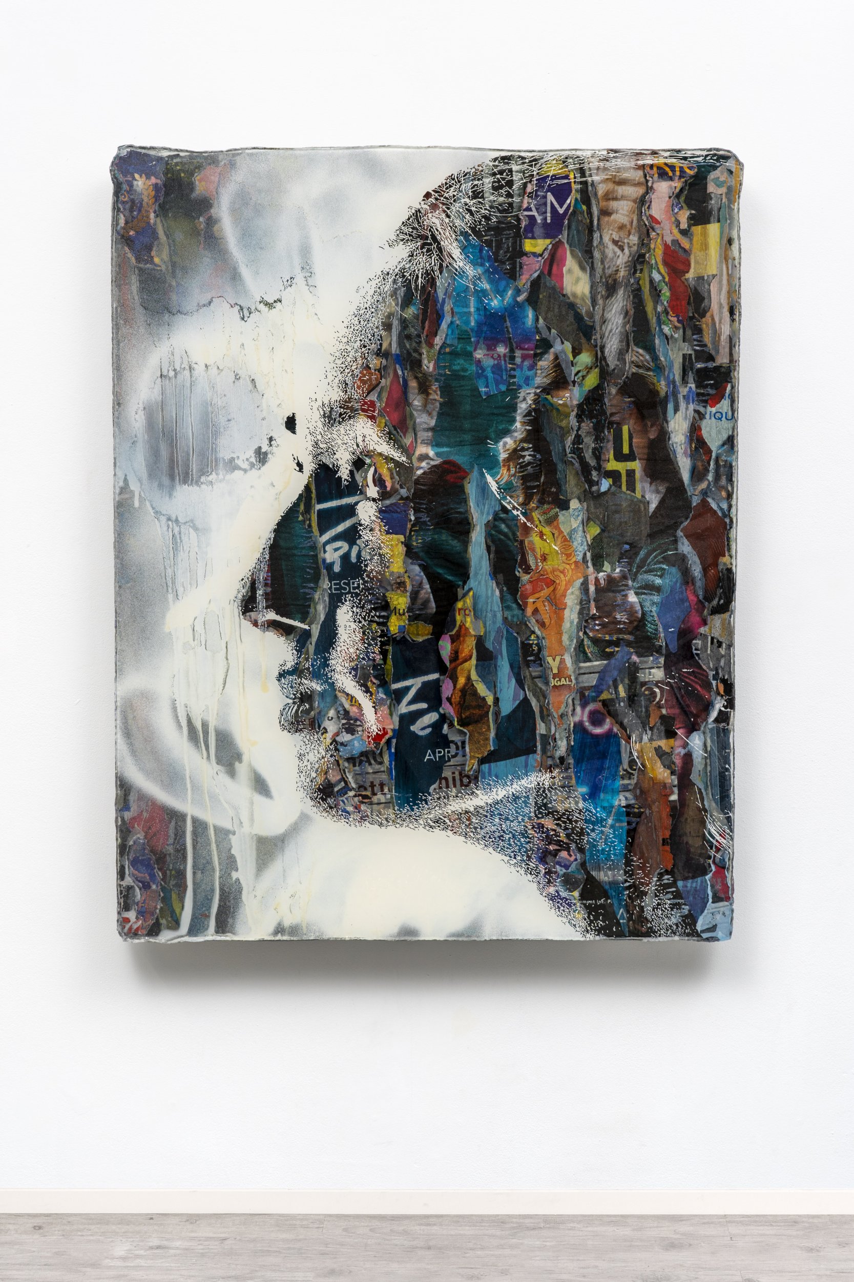 Alexandre Farto aka Vhils, Atomizer Series #11, 2021. Advertising posters, spray paint, glue, crystal epoxy. 150 x 120 cm. Unique
