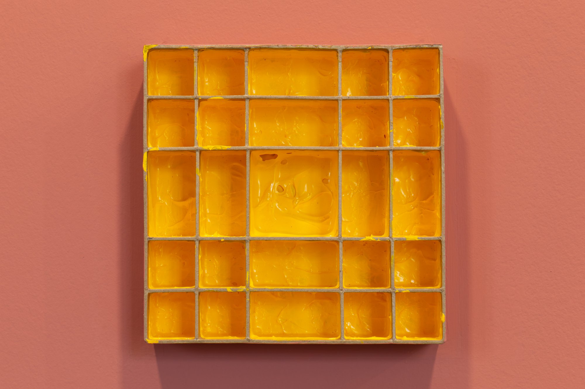 Carlos Bunga, Before the White Cube #7, 2020. Acrylic on cardboard and latex on wall. 20 x 20 x 4 cm. Unique

