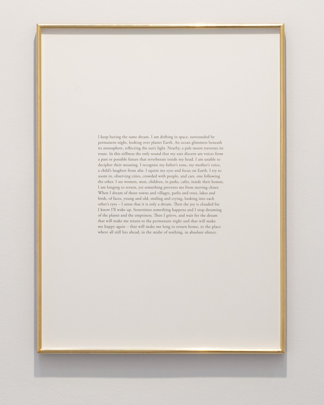 Daniel Gustav Cramer, Silenzio, 2022. Text on paper, framed, gold leaf. 68 x 51 cm. Edition 5 + AP
