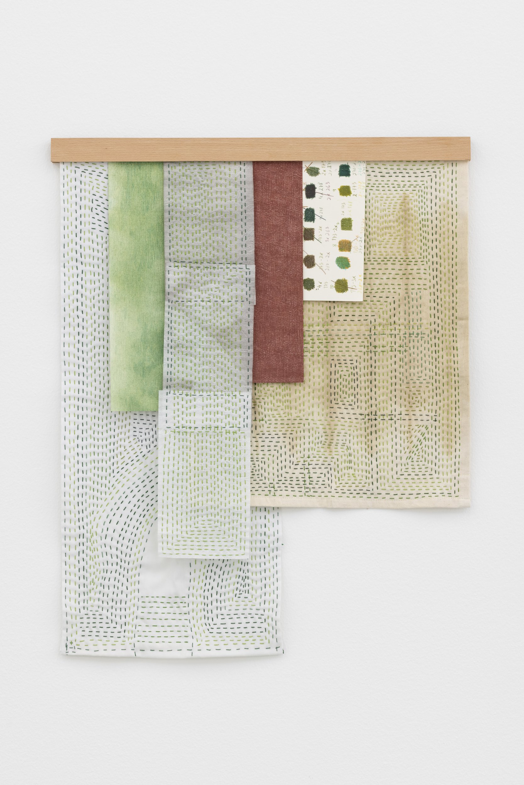 Gabriela Albergaria, Têxteis #18, 2023. Repurposed “Color Catch” textiles with sashiko embroidery, cotton thread, pastel and color pencil on salvaged drawing paper. 64 x 61 cm. Unique
