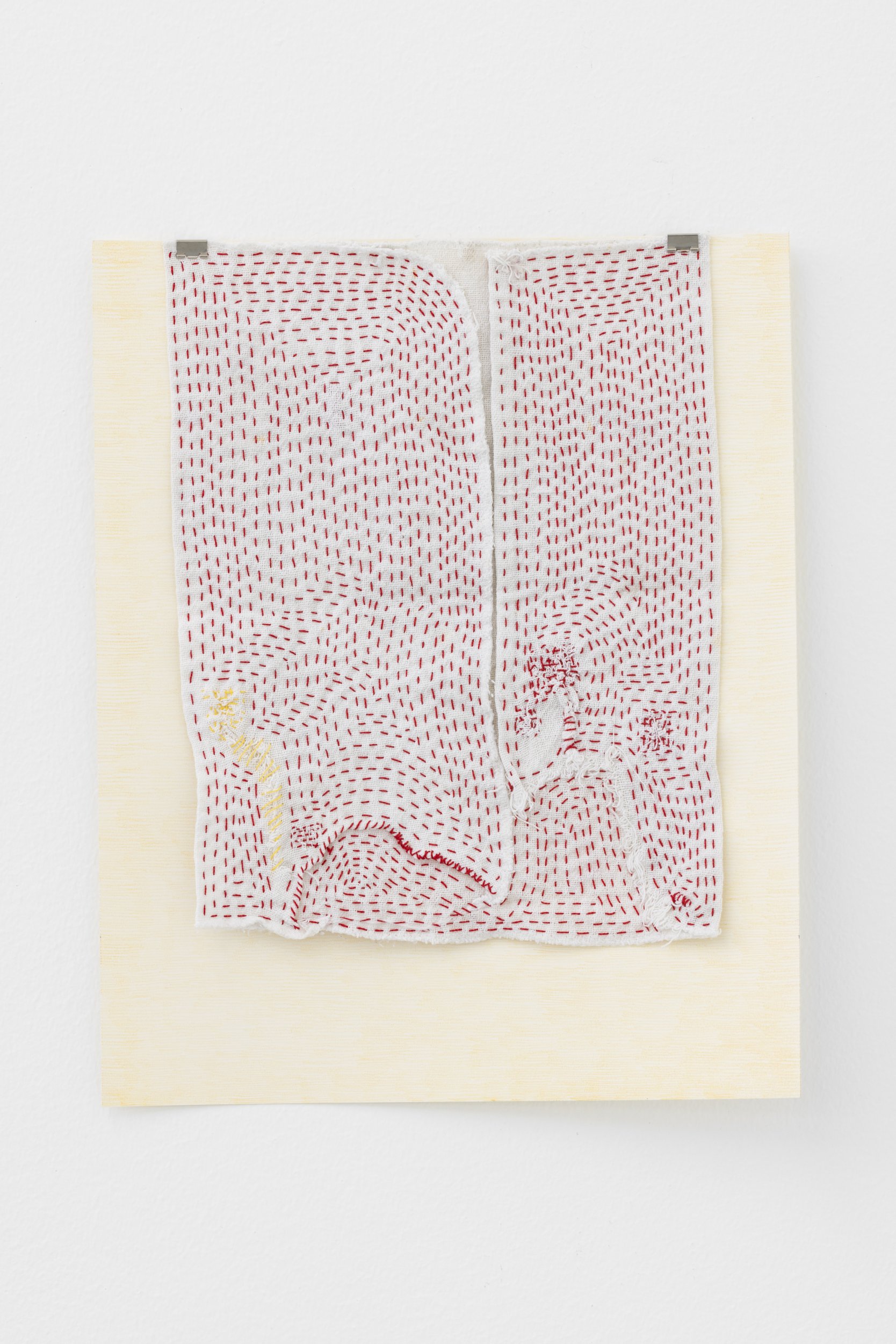 Gabriela Albergaria, Têxteis #11, 2023. Repurposed textiles with sashiko embroidery, cotton thread, color pencil on paper, drawing paper. 42 x 34 cm. Unique
