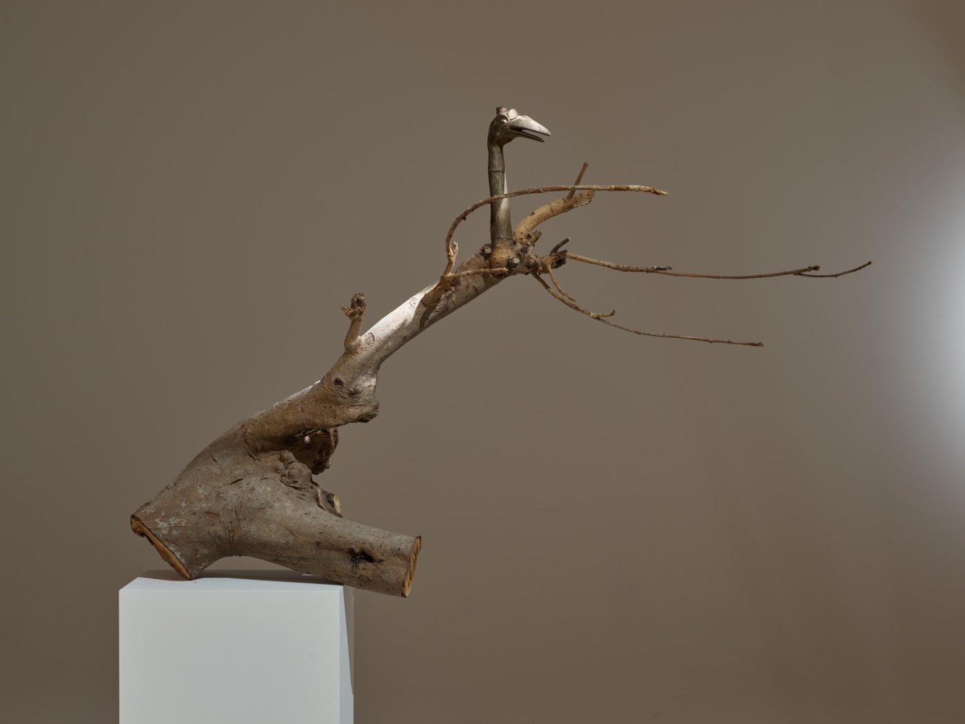André Romão, Wind, 2023. Loquat branch, sculptural fragment (bronze, Japan, Meiji era). 95 x 145 x 190 + plinth. Unique. © Filipe Braga

