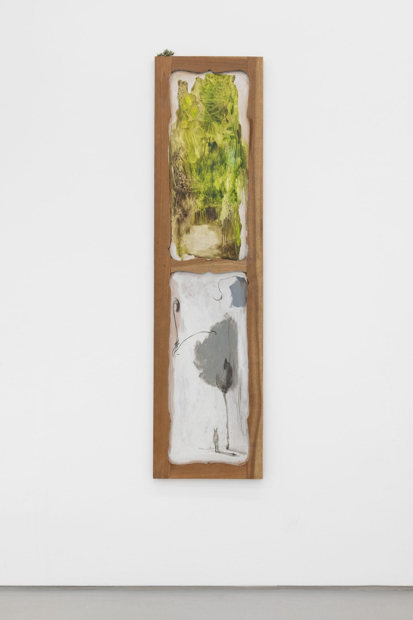 Susanne S. D. Themlitz, Natural Process/ Processo natural, 2025. Oil, acrylic and lichen on wood. 162 x 41 x 2 cm