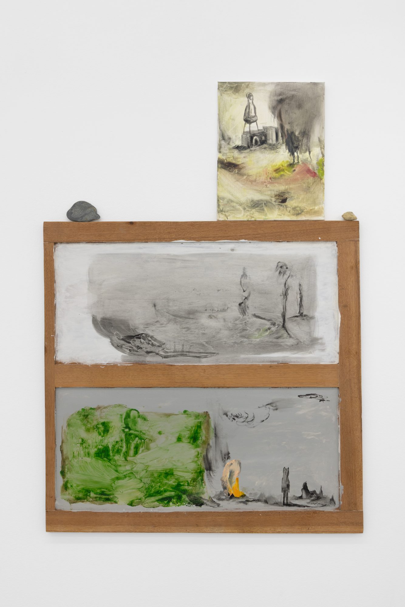 Susanne S. D. Themlitz, Ah ha, 2025. Oil and acrylic on wood and canvas, stones. 114 x 79,5 x 2 cm