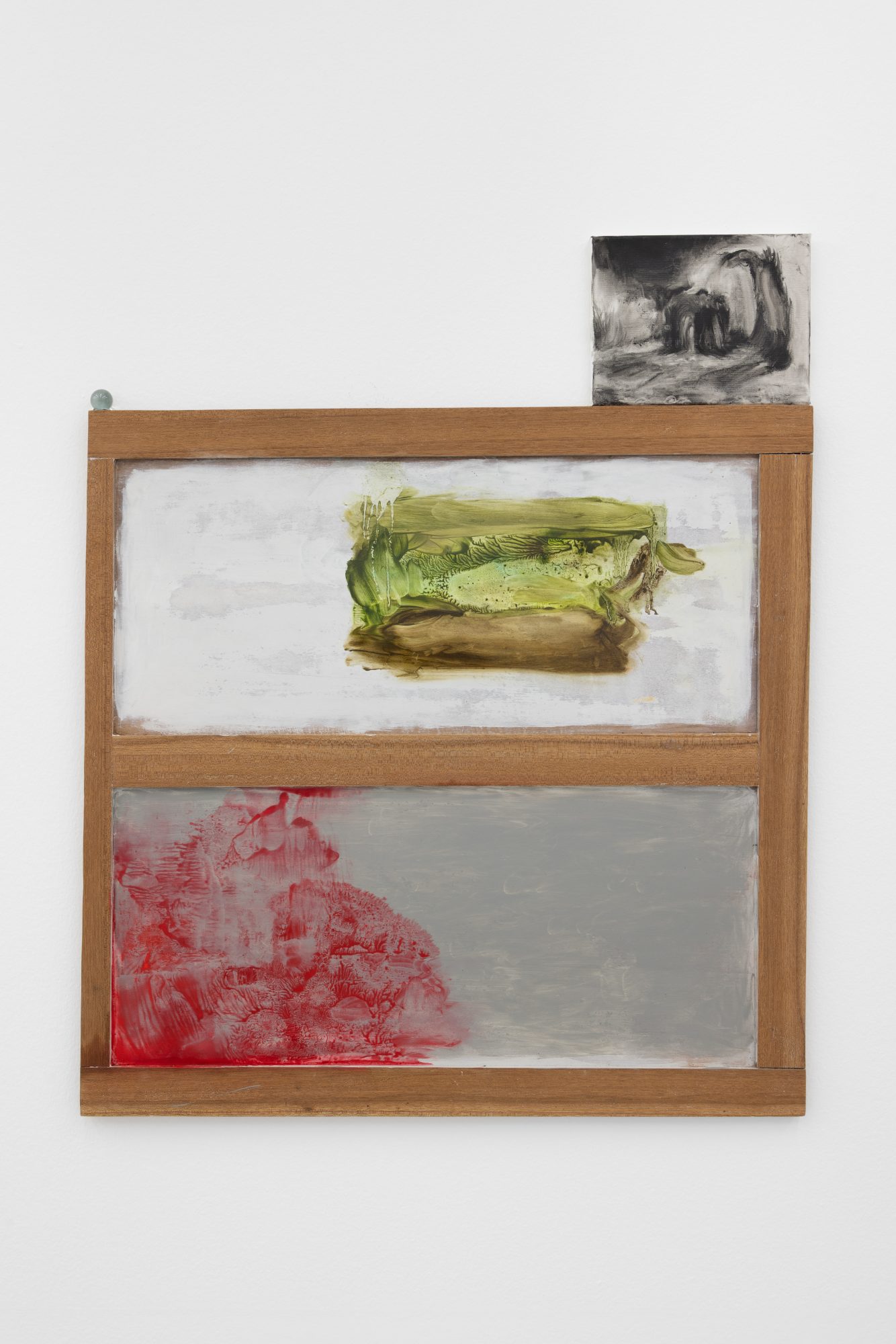 Susanne S. D. Themlitz, Monomorphic System/ Sistema monomórfico, 2025. Oil and acrylic on wood and canvas, glass ball. 97 x 80 x 2 cm