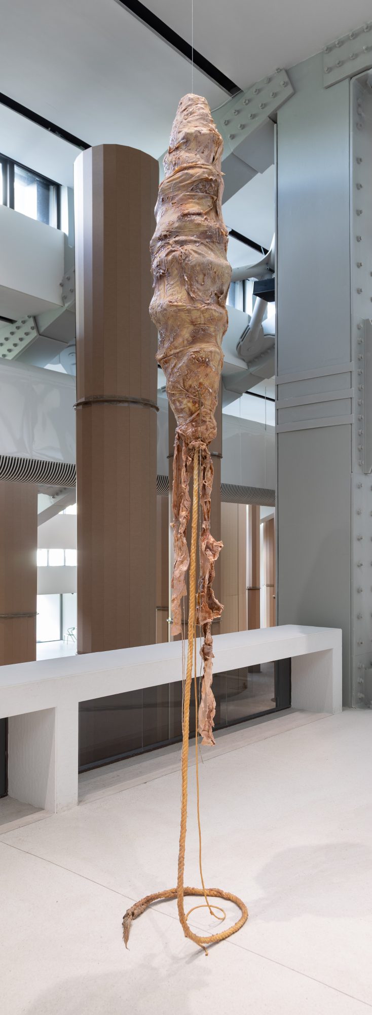 Carlos Bunga, Cocoon #9, Latex paint and glue on papier-mâché and wood. 140 x ø 60 cm
