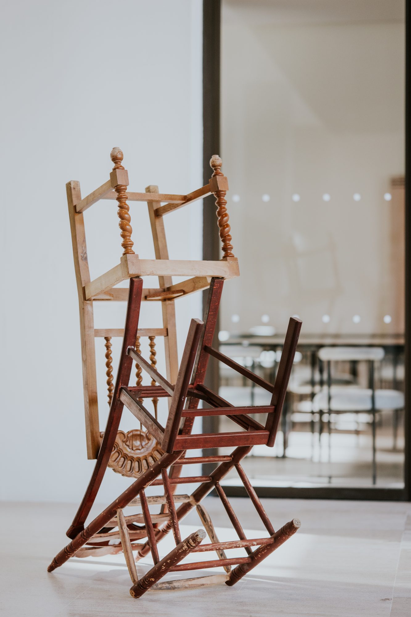 Carlos Bunga, Saltimbanqui #4, 2025. Chairs. 96 x 44 x 175 cm
