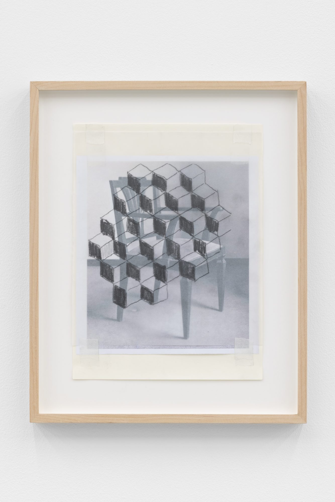 Carlos Bunga, Cadira d’Antoni Badrinas (1933), 2024. Graphite and collage on offset print. 37,5 x 30,5 cm x 3 cm (framed). Unique
