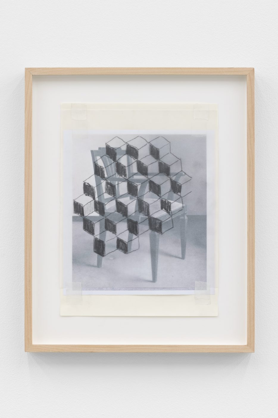 Carlos Bunga, Cadira d’Antoni Badrinas (1933), 2024. Graphite and collage on offset print. 37,5 x 30,5 cm x 3 cm (framed). Unique
