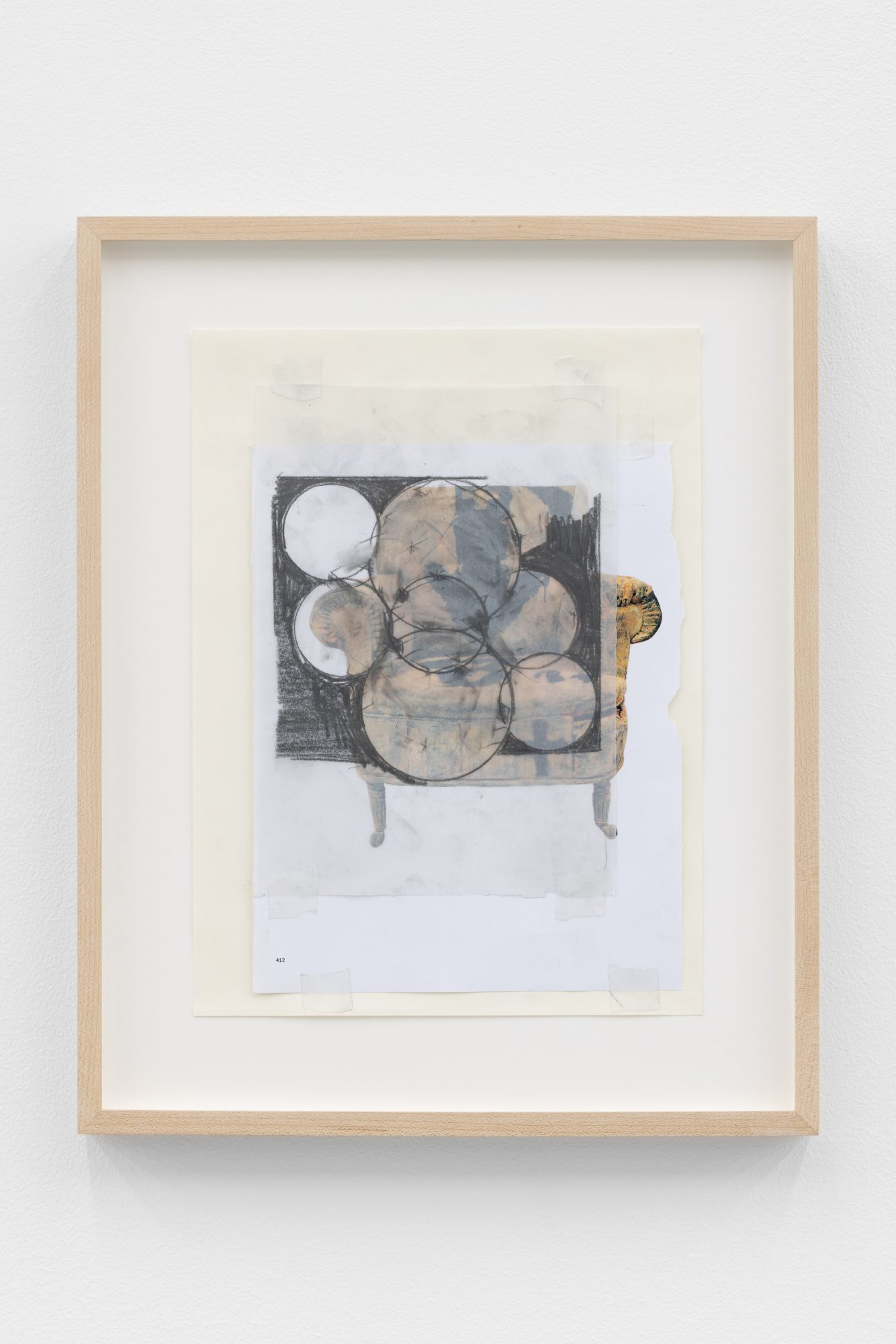 Carlos Bunga, Butaca d’Antoni Tàpies (1987), 2023. Graphite and collage on offset print. 37,5 x 30,5 cm x 3 cm (framed). Unique
