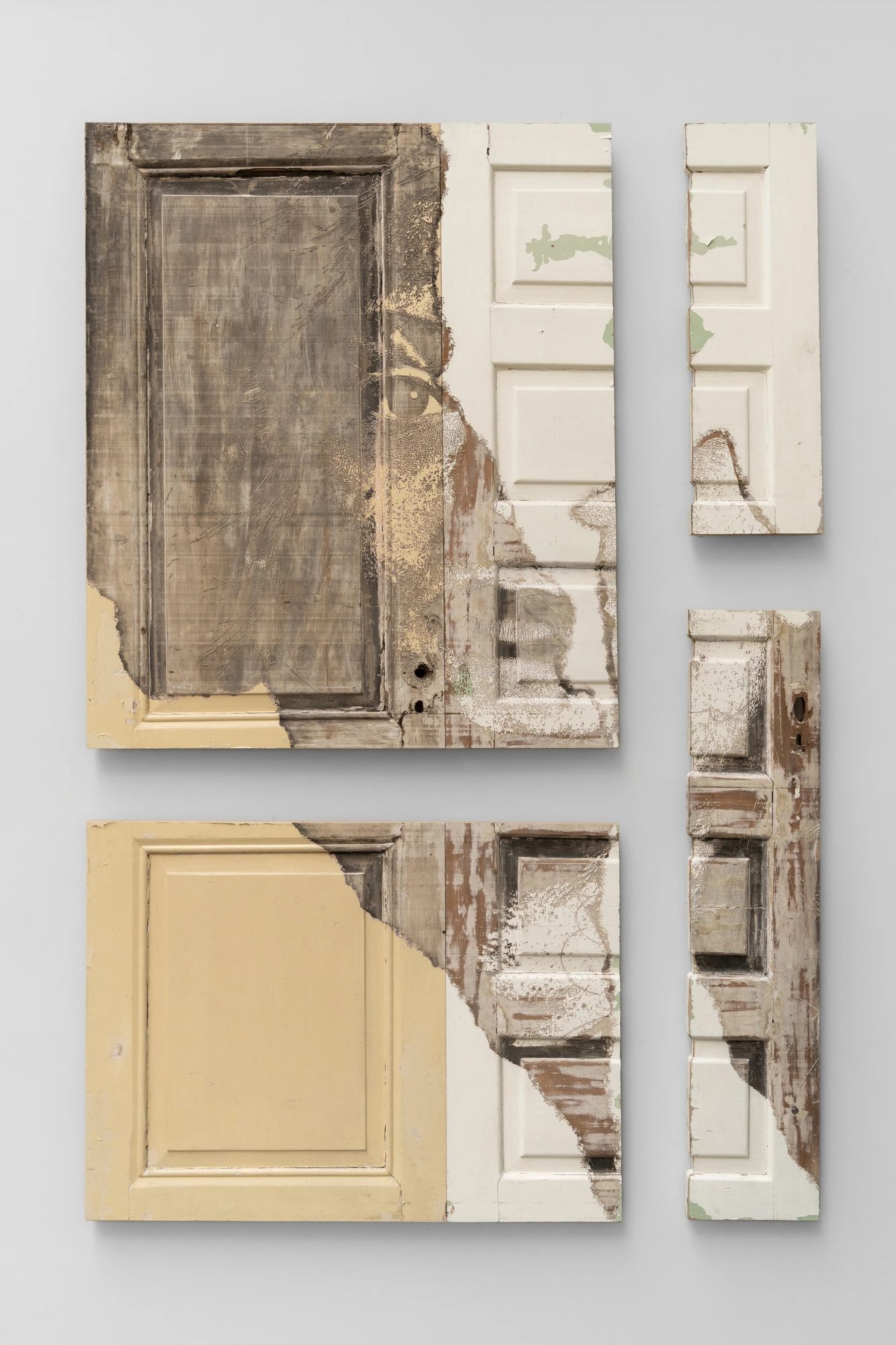 Alexandre Farto aka Vhils, Fenda Series #02, 2025. Laser engraved old wooden door. 214 x 140 x 3,5 cm. Unique.
