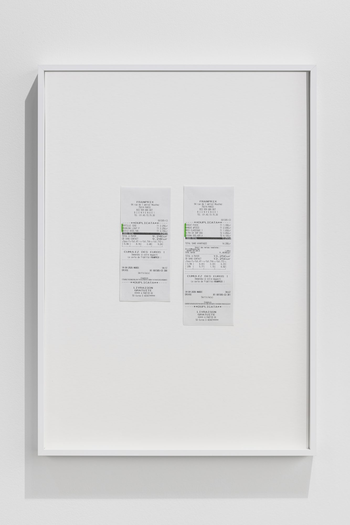 Charbel-joseph H. Boutros, Mon Amour, 2026. Supermarket receipts, marker. 60,5 x 43,5 x 3 cm (framed), Unique (Series)