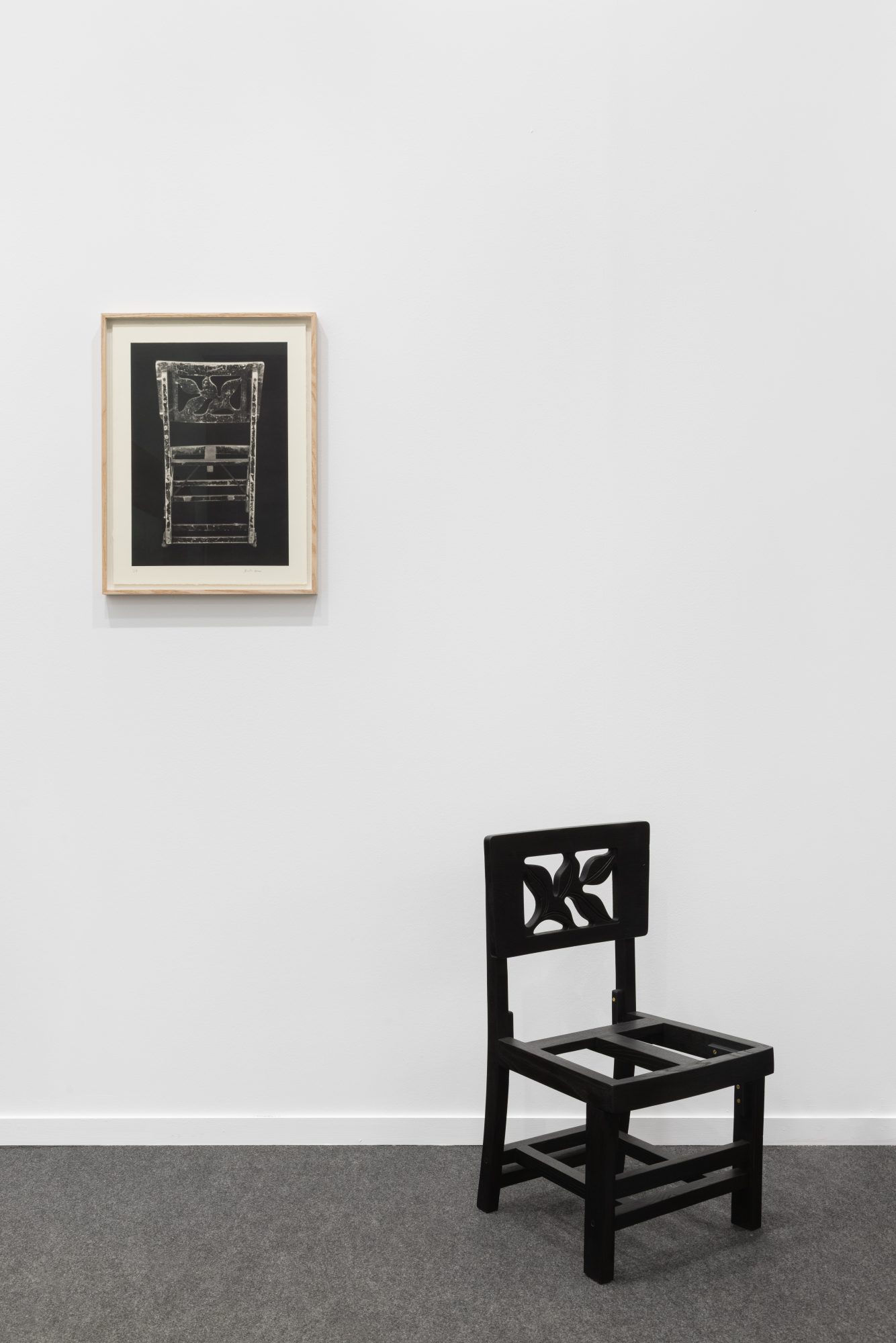 João Pimenta Gomes, Searching for Glenn Gould’s Chair’ 2026. Painted French chestnut tree and photogravure. Variable dimensions. Ed. 3
